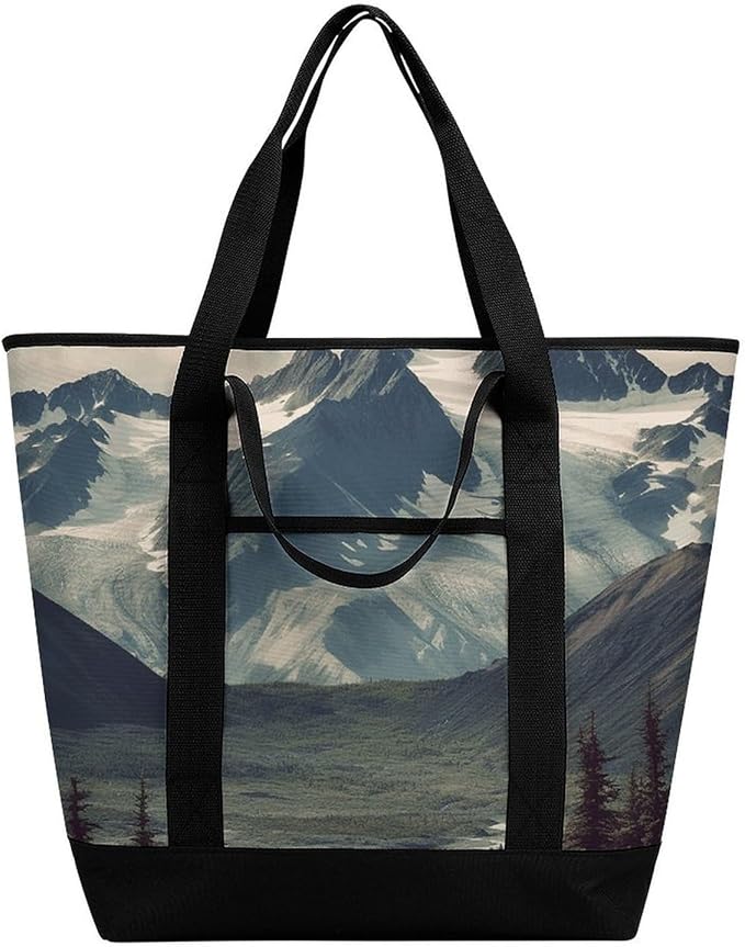 Insulated Shopping BagLarge Reusable Cooler Bags Alaska Mountains Printed Foldable Shopping BagTravel Waterproof Shoulder Bag
