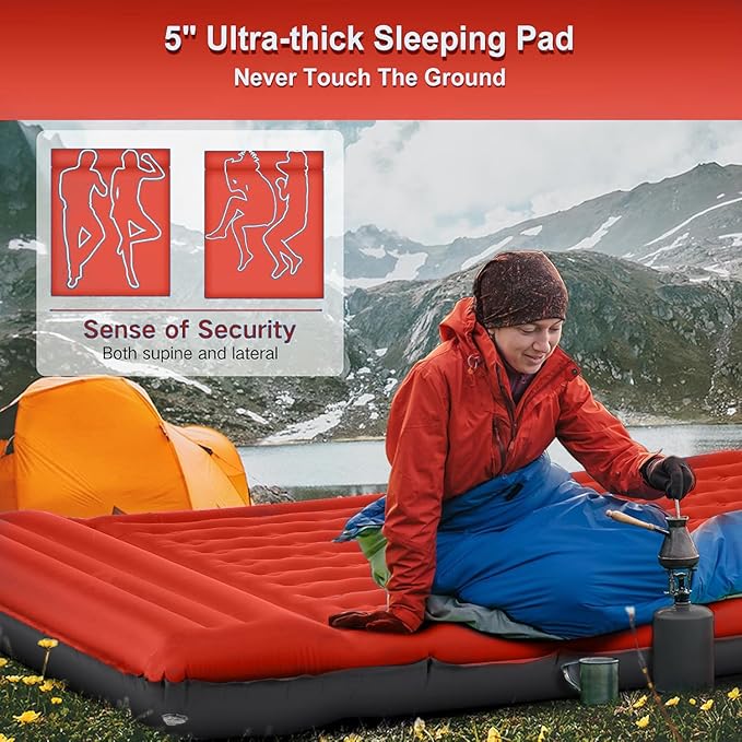 Double Sleeping Pad Camping Self Inflating 6'' Extra-Thick 2 Person Pillow Built-in Foot Pump Waterproof Inflatable Sleeping Mat Backpacking Tent Hiking Portable Camping Pad (Orange-Black)