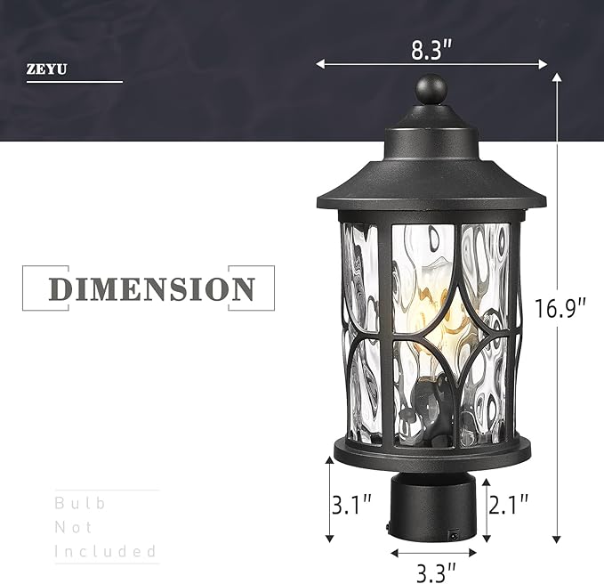 zeyu 17 Inch Black Outdoor Post Lights Modern Exterior Pole Light Lamp Posts Outdoor Lighting for Garden Patio Die-Cast Aluminum with Clear Water Ripple Glass ZX48MP-WG BK