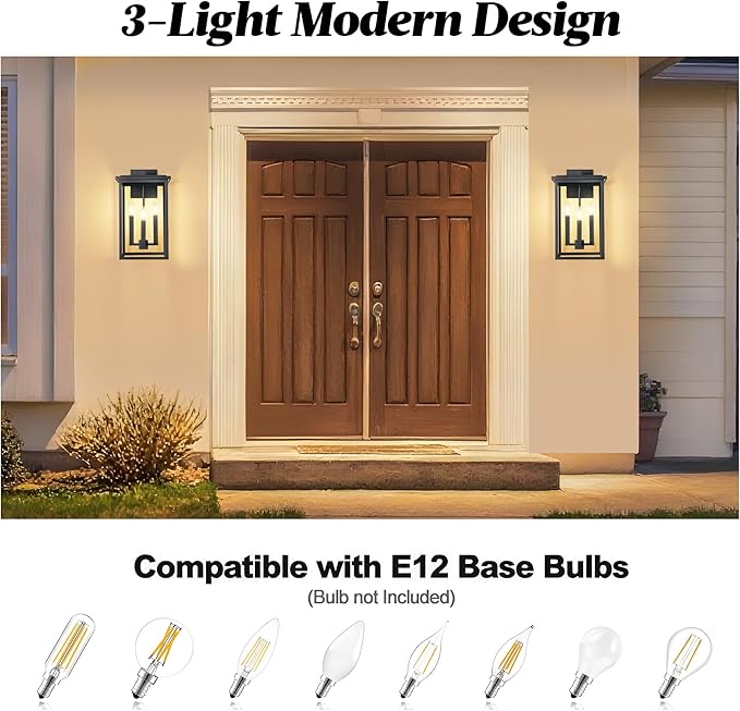 Modern Outdoor Wall LightsLarge Exterior Wall SconceBlack Porch Light FixtureOutdoor House Lights Wall MountWaterproof Outside Light For Garage Front Door With Thick Clear Glass E12 1 Pack