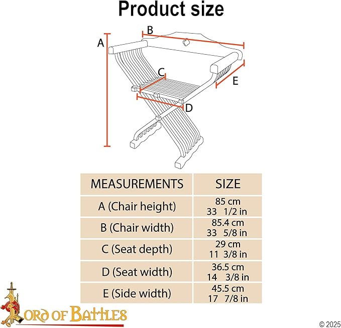 Lord of Battles Medieval Wooden Savonarola Chair with Backrest - Ash Wood Folding Camp Seat Bent Armrests &amp Detachable Back Support