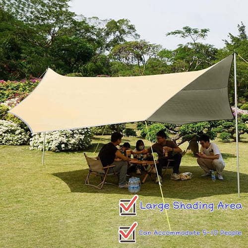 16x16 ft Large Camping Tarp Waterproof Hammock Rain Fly Camping Awning Khaki (Including Poles)