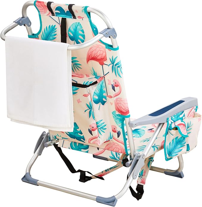 2 Pack Low Beach Chairs for Adults 5-Position Reclining Backpack Beach Chair with Cooler Pouch Portable Lightweight Folding Beach Chair with Aluminum Frame &amp Cup Holder Supports 220lbs Flaming