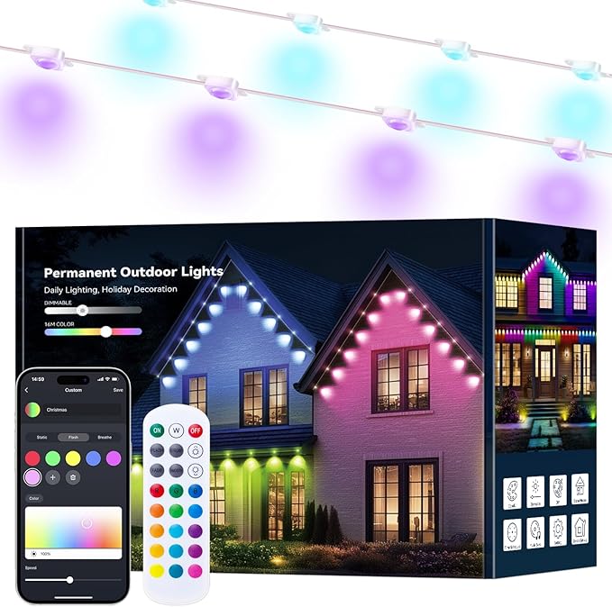 Smart 150FT Permanent Outdoor Lights RGB LED Lights Outside with App Control - DIY Colors Scene Modes IP67 Waterproof Eaves Lights for Christmas Halloween Holiday Daily House Roof Eternity Lighting