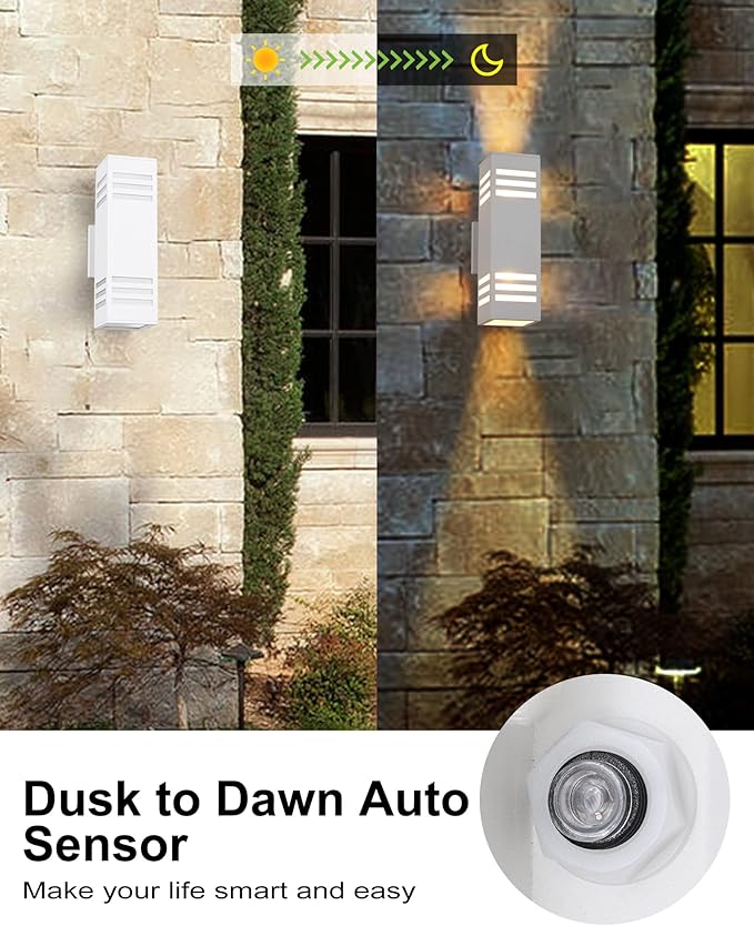 Housen Solutions Dusk to Dawn Outdoor Lighting IP65 Waterproof Exterior Light Fixtures 2 Pack Sensor Porch Light Outdoor Wall Sconce for House Garage Matte White Aluminum