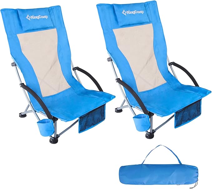 KingCamp Folding Beach Tall Sling Chair Set of 2 Compact Beach Chair with Armrests and Breathable Mesh Back Portable 2 Set Blue