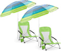 Huwena 2 Pack Beach Chair for Adult with 2 Umbrella Low Folding Chair Detachable Adjustable Lightweight with Armrests Cup Holder Carry Bag Portable for Sand Camping Travel Outdoor Pool(Fruit Green)