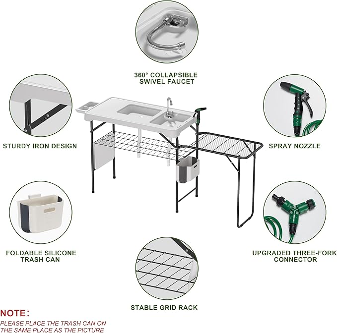 Dragosum Fish Cleaning Table Portable Folding Camping Table with Folding Grill Extension Board Fish Cleaning Station with Dual Sinks Hose Hook Up