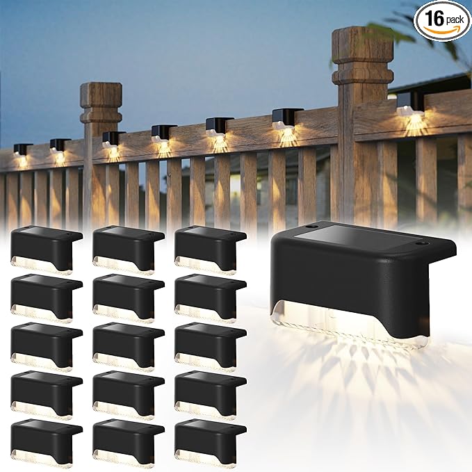 pearlstar 16 Pack Solar Step LightsSolar Deck Railing Lights Outdoor Waterproof Led Fence Lamp for PatioStairsGarden PathwayBalconyStep and Fences(Black)