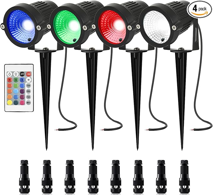 5W RGB Low Voltage Landscape Lights LED Color Changing Landscape Lighting IP66 Waterproof Outdoor Spotlight 12V 24V Christmas Decorative Light for Yard Garden Path 4 Pack with Connector