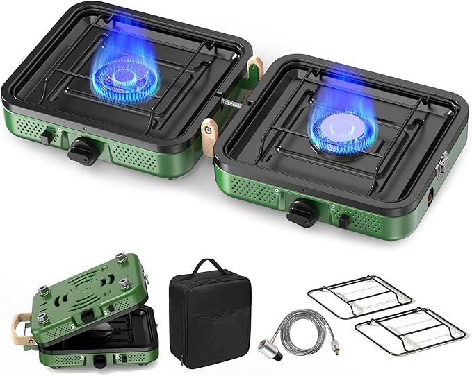 2 Burner Camping Stove 20000 BTU Propane Camp Stove Portable Folding Gas Travel Stove Camping Essentials Gears Includes GrillCarrying Bag Adjustable Burners &amp Piezo Ignition for TailgatingBBQ