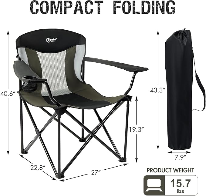 Portal Oversized Camping Chair Big and Tall Folding Camp Chair Portable Lawn Chairs Heavy Duty Foldable XXL Outdoor Camping Chair for Adults Support Up to 600 lbs Black/Grey