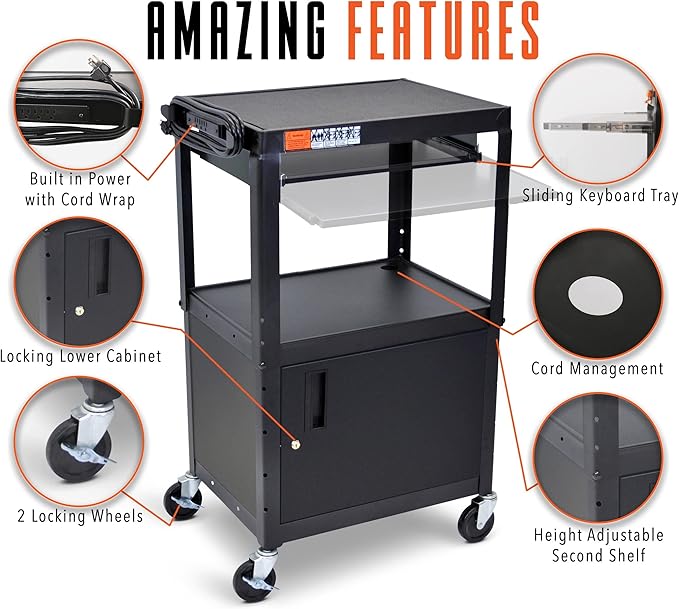 Stand Steady AV Cart with Locking Cabinet Adjustable Height UL Certified Steel Frame Black
