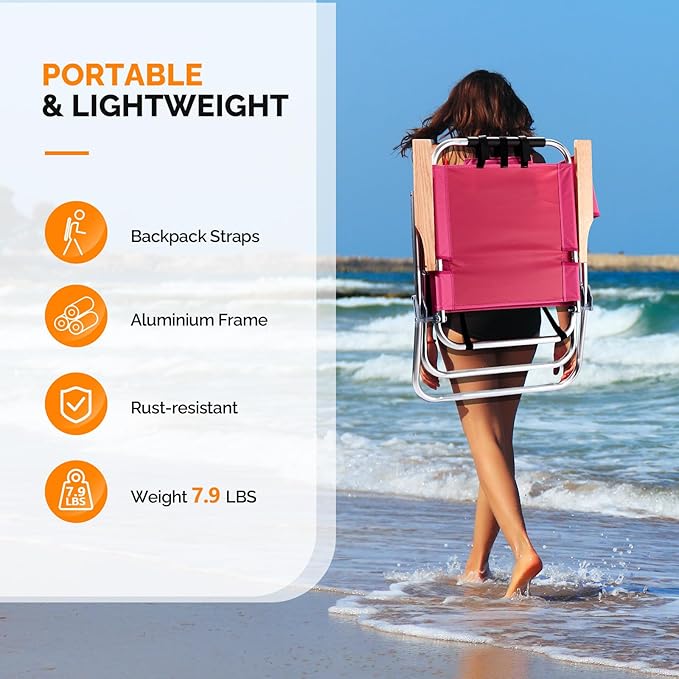 Bonnlo Lightweught 17 Backpack Beach Chair Tall Beach Chairs for Adults Portable with Adjustable Straps 3-Position Reclining Cup Holder High Beach Chairs for Beach