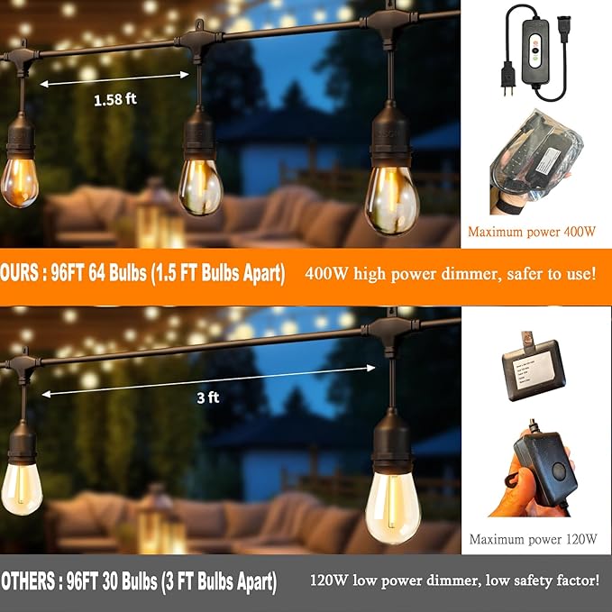 100FT LED Outdoor String Lights with 60+4 Waterproof Bulbs(1.5FT Bulbs Spacing) Remote &amp Dimmer Commercial Grade Patio Lights with 3 Mode Light &amp Timing 100PC Ties