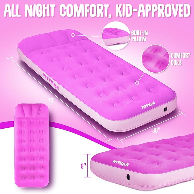 Pittman - Kids Air Mattress - Deluxe Kids Inflatable Bed with Electric Pump &amp Durable Backpack - Perfect Teen to Toddler Blow up Mattress for Sleepovers Camping or Childs Travel Bed