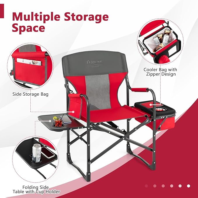 COSTWAY Folding Camping Chair Heavy-Duty Director Chair Supports 400lbs for Adults with Side Table Cooler Bag Storage Strap Portable Makeup Chair Suitable for Fishing Picnic