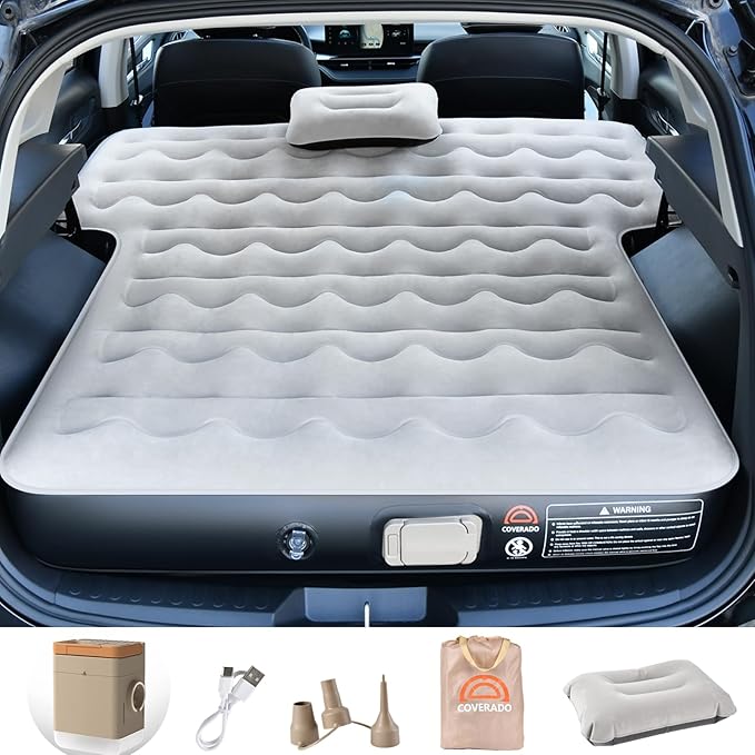 Coverado Car Air Mattress SUV Air Mattress with Built in Wireless Pump Comfort Flocking Travel Bed 5-inch Height SUV Mattress Car Bed Camping Universal Air Mattress for SUVs Supports 660lbs