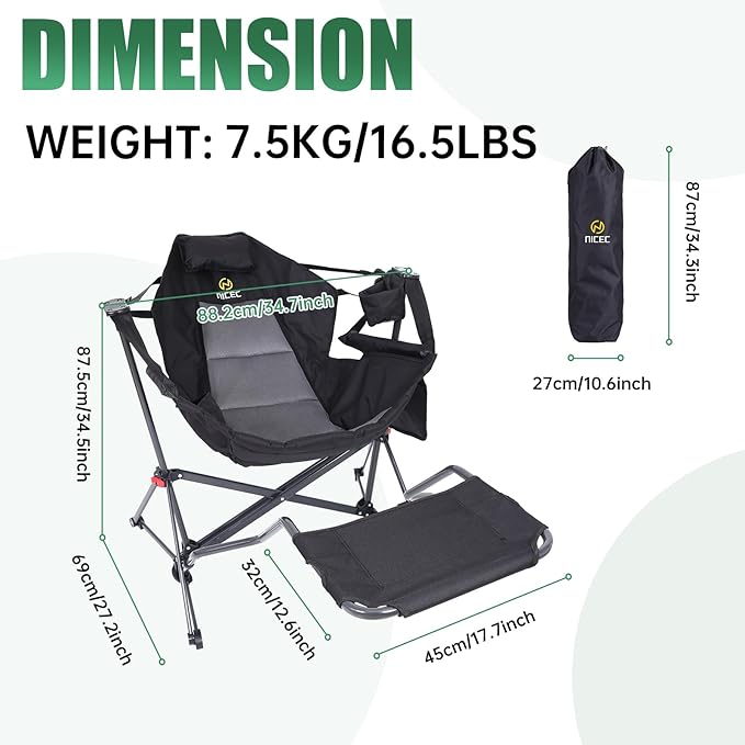 Nice C Hammock Camping Chair with Footreat Swinging Camping Chair Rocker High Back Chairs with Stand Cup Holder Side Pocket Heavy Duty (1 Pack Black)