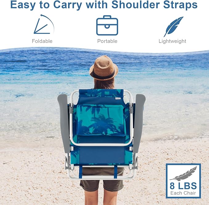GYMAX Beach Chairs Backpack Camping Chair with Armrest Cooler Bag Cup Holder Towel Bar &amp Side Pockets Sunbath Sling Tanning Lounge Folding Layout Chair (with Table Coconut Tree)