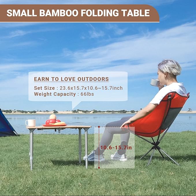 KingCamp Bamboo Folding Table Camping Table with Adjustable Height 4-Folds Compact Small Lightweight Portable Picnic Camp Table for Outdoor Backpacking Beach RV Travel Tailgating Barbecue 1-2 People