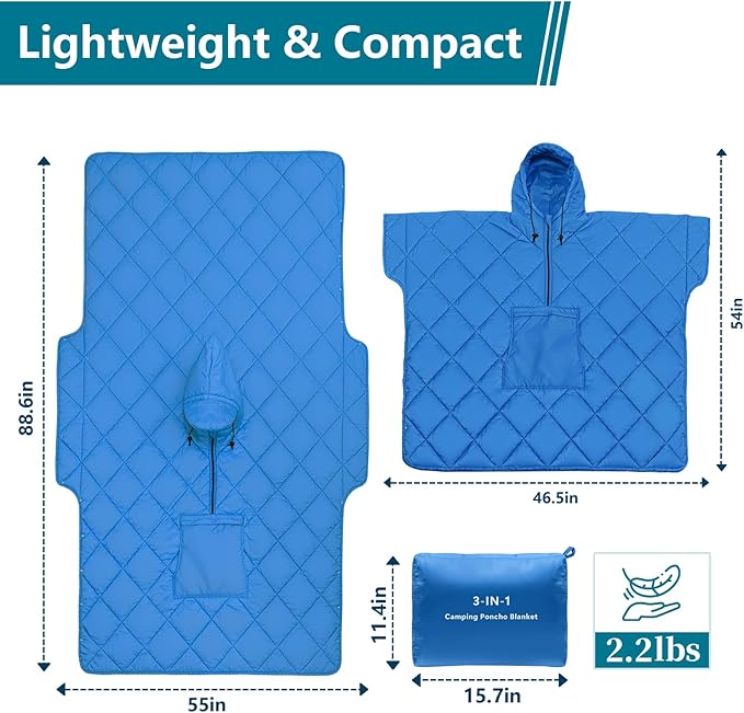 Camping Outdoor Blanket Ultralight Down Alternative Printed Travel Camp Blankets for Sleeping Packable Waterproof Puffy Quilt for Hammock Picnic Stadium Beach Cold Weather (Blue Blanket Poncho)