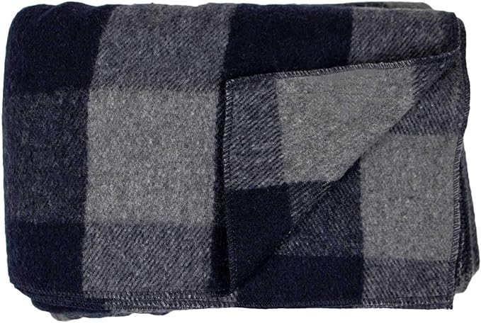 Camp Throw Blanket - 80% Recycled Wool - Buffalo Plaid - Warm Throw Blanket - Thick - Washable - 62W x 80L - Gray and Blue Plaid