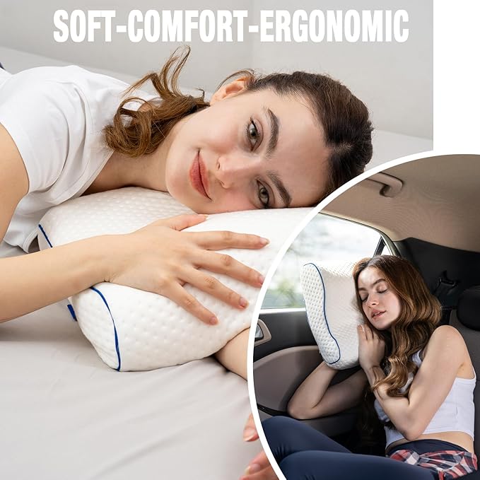 Travel &amp Camping Comfortable Memory Foam Pillow – Easy to Carry Portable Bag – Temperature Regulating Pillow Case - Perfect for Travelling (White Contour)