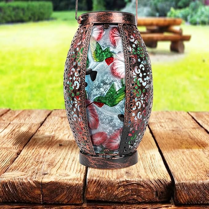 Hummingbird Solar Lanterns Glass &amp Metal Hanging Lantern Outdoor Waterproof 16 H Tabletop Light with Hollowed-Out Design for Garden Patio Table Decor Mother's Day Gift