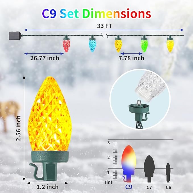 Solar Christmas Lights Outdoor 50 LED C9 Strawberry String Lights with Timer &amp 13 Light Mode Waterproof Solar Christmas Tree Lights for Garden Patio Party Christmas Decoration Multicolor