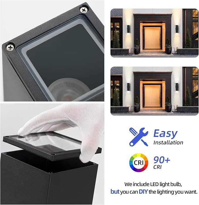 tewei LED Outdoor Wall Sconce Lights Modern Exterior Lighting Fixtures with 7W LED Bulbs Matte Black Square Up and Down Outdoor Lights for House Front Porch Garage Warm White 3000K 6 Pack