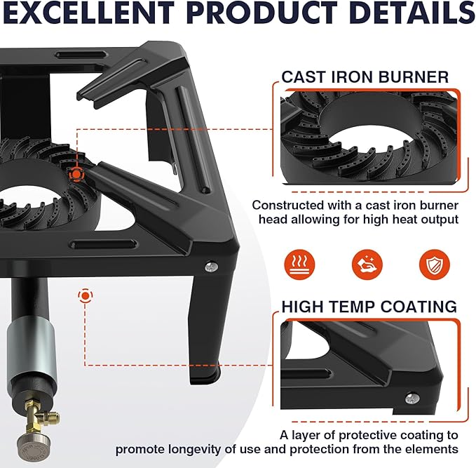 Llamaviva Portable Propane Camping Stove - Single Burner Outdoor Gas Stove with 4ft Hose &amp Regulator 5.95lbs Steel Propane Burner for Wok Cooking Tailgating - Estufa de Gas Portatil