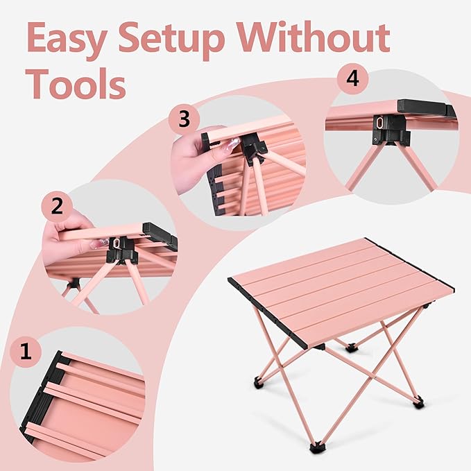 Grope Portable Camping Table with Aluminum Table Top Folding Beach Table Easy to Carry Prefect for Outdoor Picnic BBQ Cooking Festival Beach Home (Pink-L)