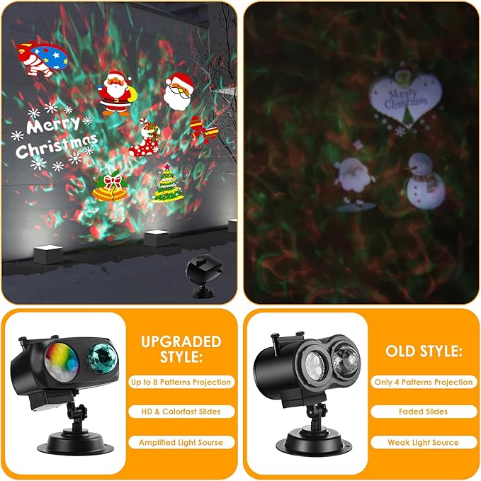 Halloween Christmas Projector Lights Outdoor Brighter 14 HD Slides (3D Ocean Wave+Patterns) Waterproof Outdoor Indoor Holiday Projector Lights for Yard Garden Light Show Xmas Halloween Decorations