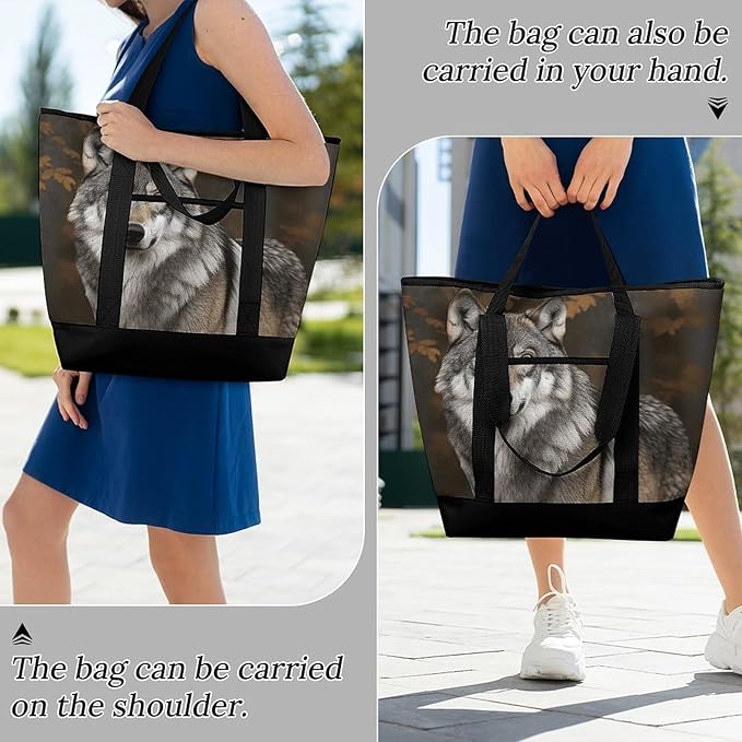 Insulated Shopping BagLarge Reusable Cooler Bags Wild Wild Gray Wolf Printed Foldable Shopping BagTravel Waterproof Shoulder Bag