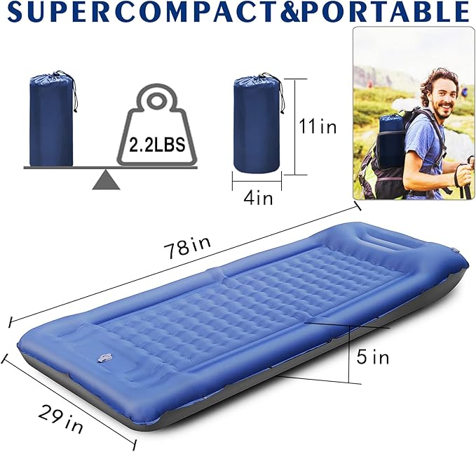 FAQIUQI Camping Sleeping PadsExtra Thick 5 Inch Inflatable Sleeping Mat with Pillow Built-in PumpOversized Mattress Super Portable Backpacking Sleeping Pad (Blue)