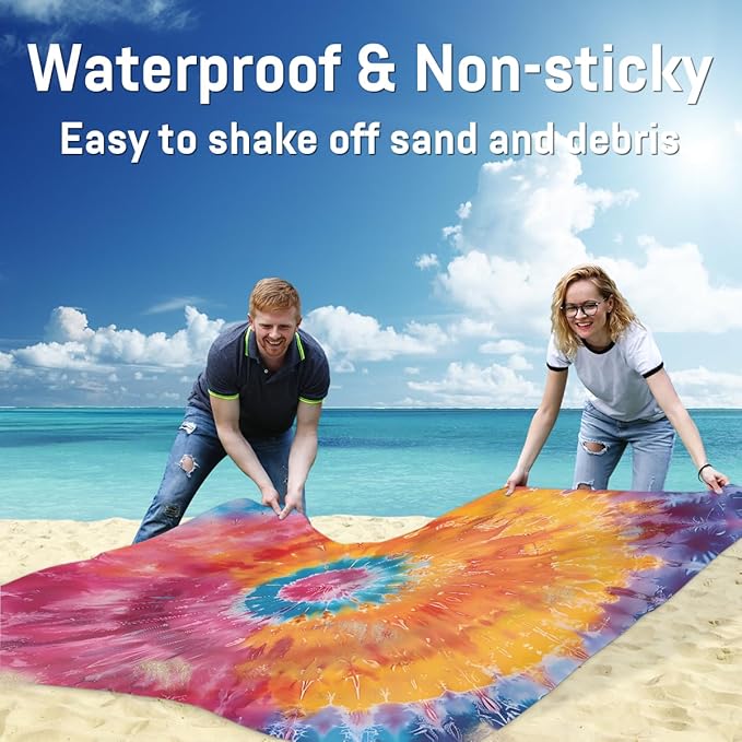 Waterproof Sandproof Beach Blanket 59''×68'' Pattern Tie Dye Polyester Outdoor Picnic Blanket with 4 Stakes &amp Storage Bag for BeachCampingVacation Red &amp Orange