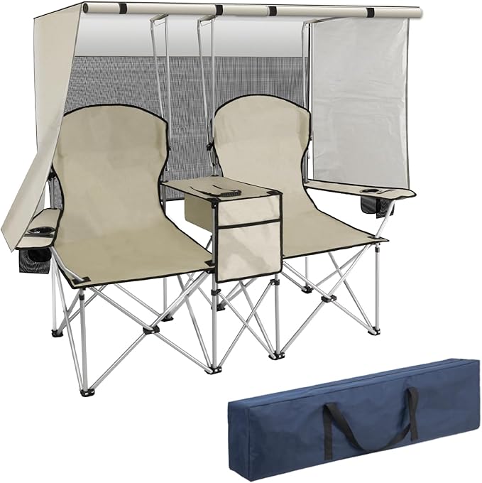 BDL Double Camping Chair with Canopy Two Person Folding Loveseat with Shade Heavy Duty Beach Chair with Cooler Bag Cup Holder for Outside Fishing Sports Beach-White