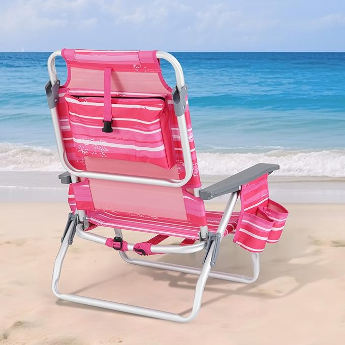 GYMAX Beach Chairs Backpack Camping Chair with Armrest Cooler Bag Cup Holder Towel Bar &amp Side Pockets Sunbath Sling Tanning Lounge Folding Layout Chair (Without Table Pink Stripe)