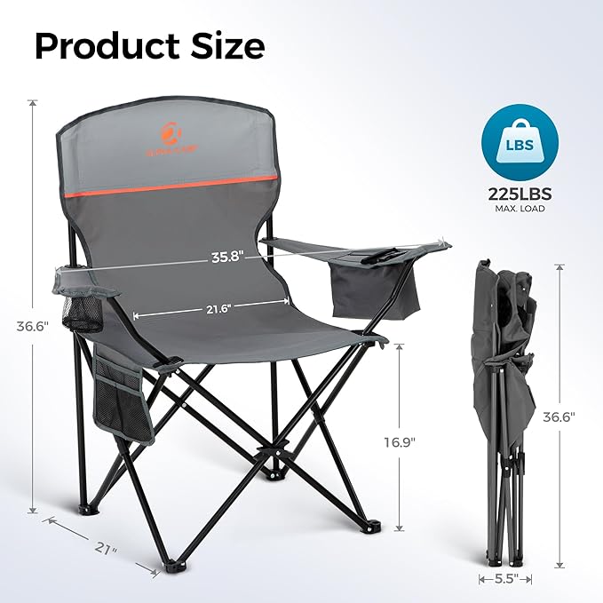 ALPHA CAMP Camping Chair 2 Pack Portable Chair with 3-Can Cooler Folding Chair with Side Pocket and Cup Holder Collapsible for Camping Tailgates Beach Fishing and Sports2PC