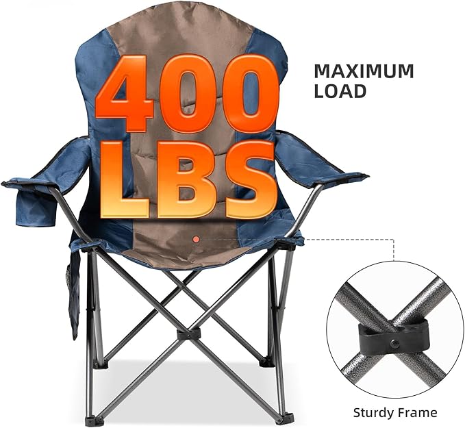 2 Pack Folding Camping Chairs for Adults - High Back Padded Outdoor Lawn Chairs with Lumbar Support &amp Cup Holder 400lbs Heavy Duty Portable Camping Chairs Set (Blue &amp Brown 2 PCS)