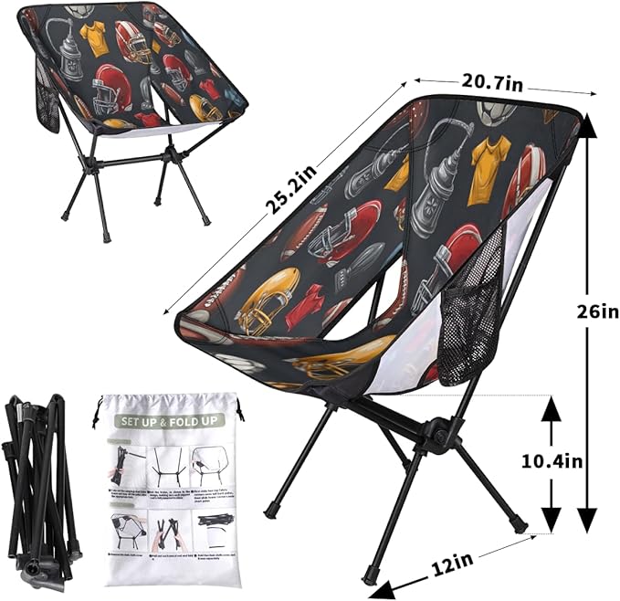 Rugby Camping Chair Folding Backpacking Chair Sports Ball Portable Lightweight Outdoor Chairs with Side Pockets for Hiking Beach Picnic