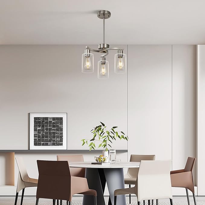 3 Light Brushed Nickel Dining Room Light FixtureModern Kitchen Chandeliers Over TableAdjustable Height Industrial Hanging Pendant Lights for Kitchen Island with Glass Shade