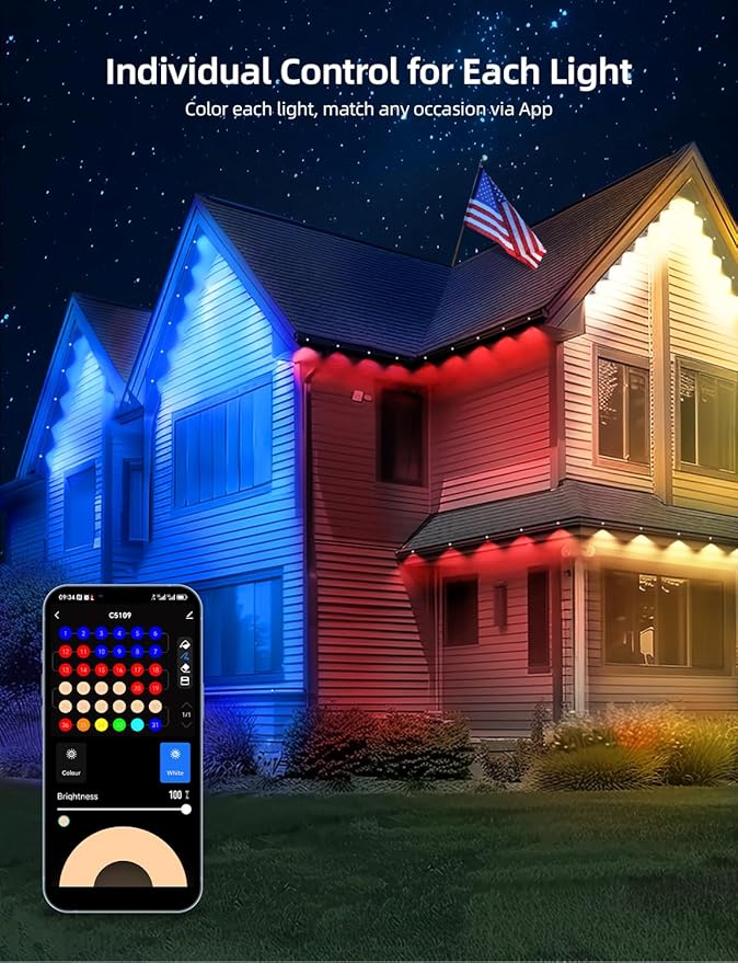 APPECK Permanent Outdoor Lights 50ft with 36 RGBW LEDs 111 Scene Modes Eaves Lights with 40lm Warm White for Daily Holiday House Decor App/Voice/Remote Control White