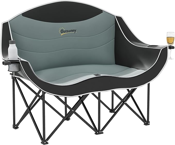 Outsunny Double Camping Chair for Adults Padded Folding Camp Chair for 2 Person with Armrest Wine Glass Holder Cup Holder Carry Bag for Outdoor Sports Picnics Supports up to 552 lbs.