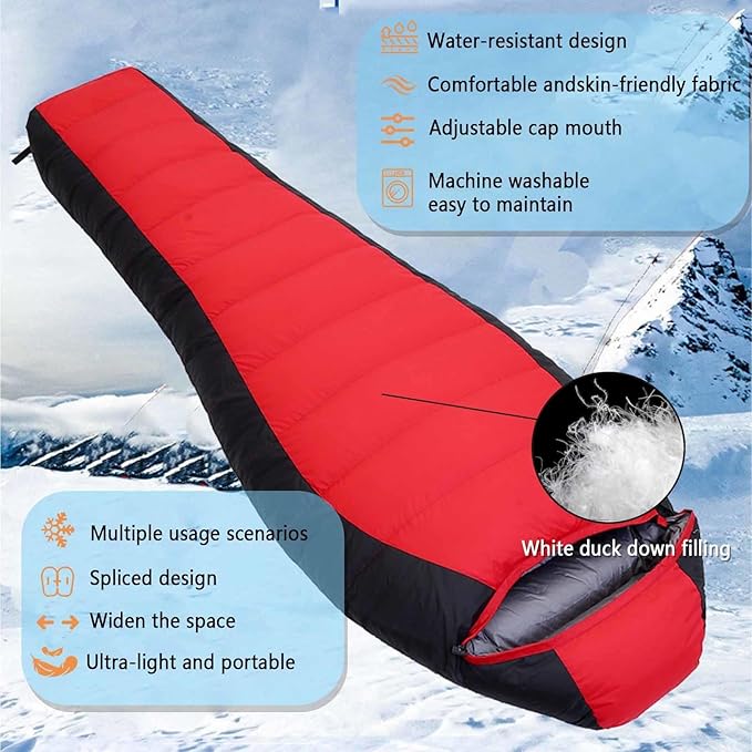 Backpacking Sleeping Bag 90% White Duck Down 5℉-50℉ Camping Sleeping Bags Includes Travel Pillow Camping Hiking Sleep Essentials Gear Accessories