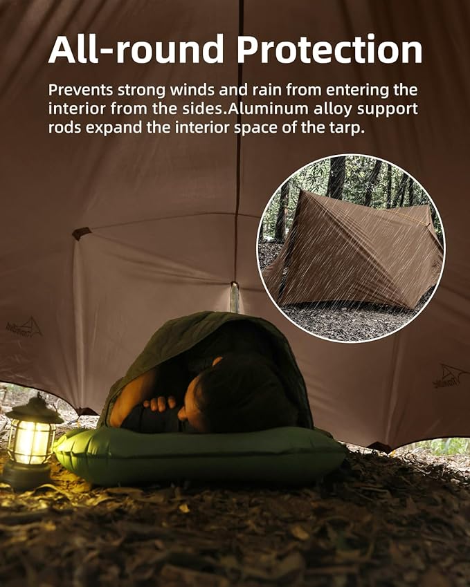 Ultralight Tarp 14ft Hammock Rain Fly Lightweight Waterproof Camping Tent Tarp with Doors Bushcraft Tarp Shelter for Backpacking Hiking Camping