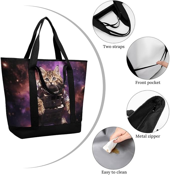 Insulated Shopping BagLarge Reusable Cooler Bags A Cat in Outer Space Printed Foldable Shopping BagTravel Waterproof Shoulder Bag