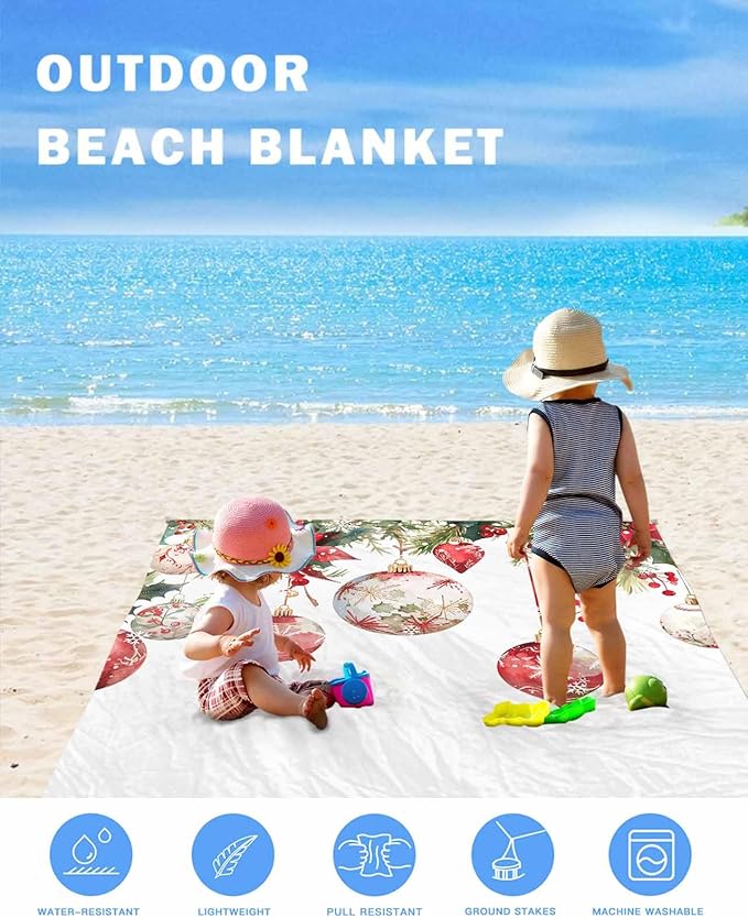 Beach Blanket Waterproof Sandproof OversizedChristmas Ball Red Poinsettia Berries Beach Mat with Corner Stakes Sand PocketsGreen Pine Leaves on White Picnic Mat for Travel Camping Hiking83x79In