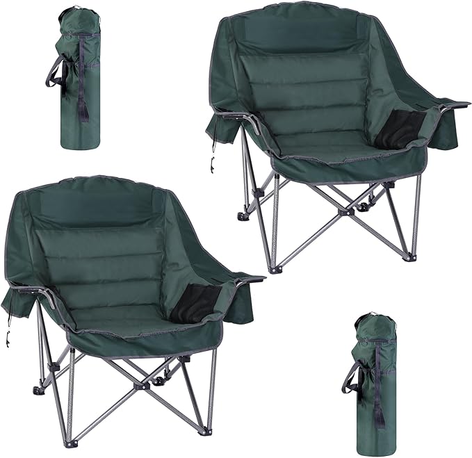 Camping Chair Padded Camping Chair Cushioned Extra Wide Lounge Patio Chair for Adults Heavy-Duty 400Lbs with Cooler Cup Holder and Carry Bag (Green 2-Pack)
